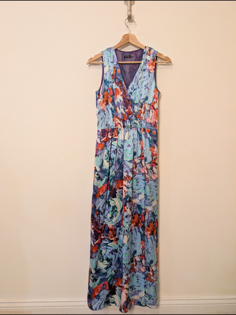 Magaschoni Sleeveless Blue Floral 100% Silk Wrap Maxi Dress Wedding Season Sz 4